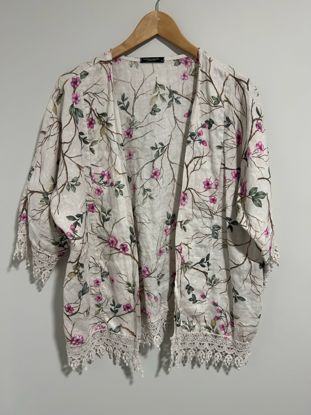Lungo Larno Made in Italy Linen Kimono Cardigan, Floral Lace Trim, Size Large